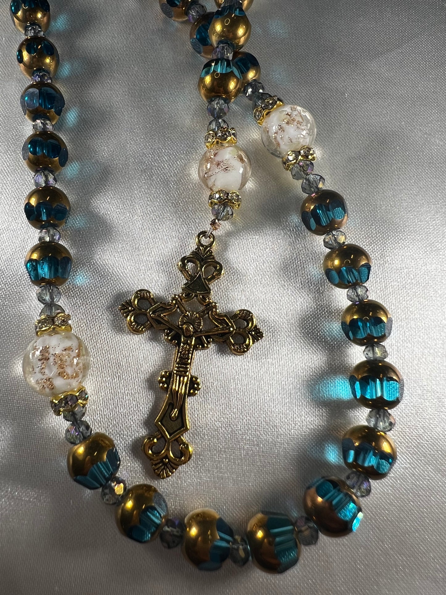 Natural Jasper Stone - Greens, Red, & shades of Browns with Bronze Crucifix & Centerpiece