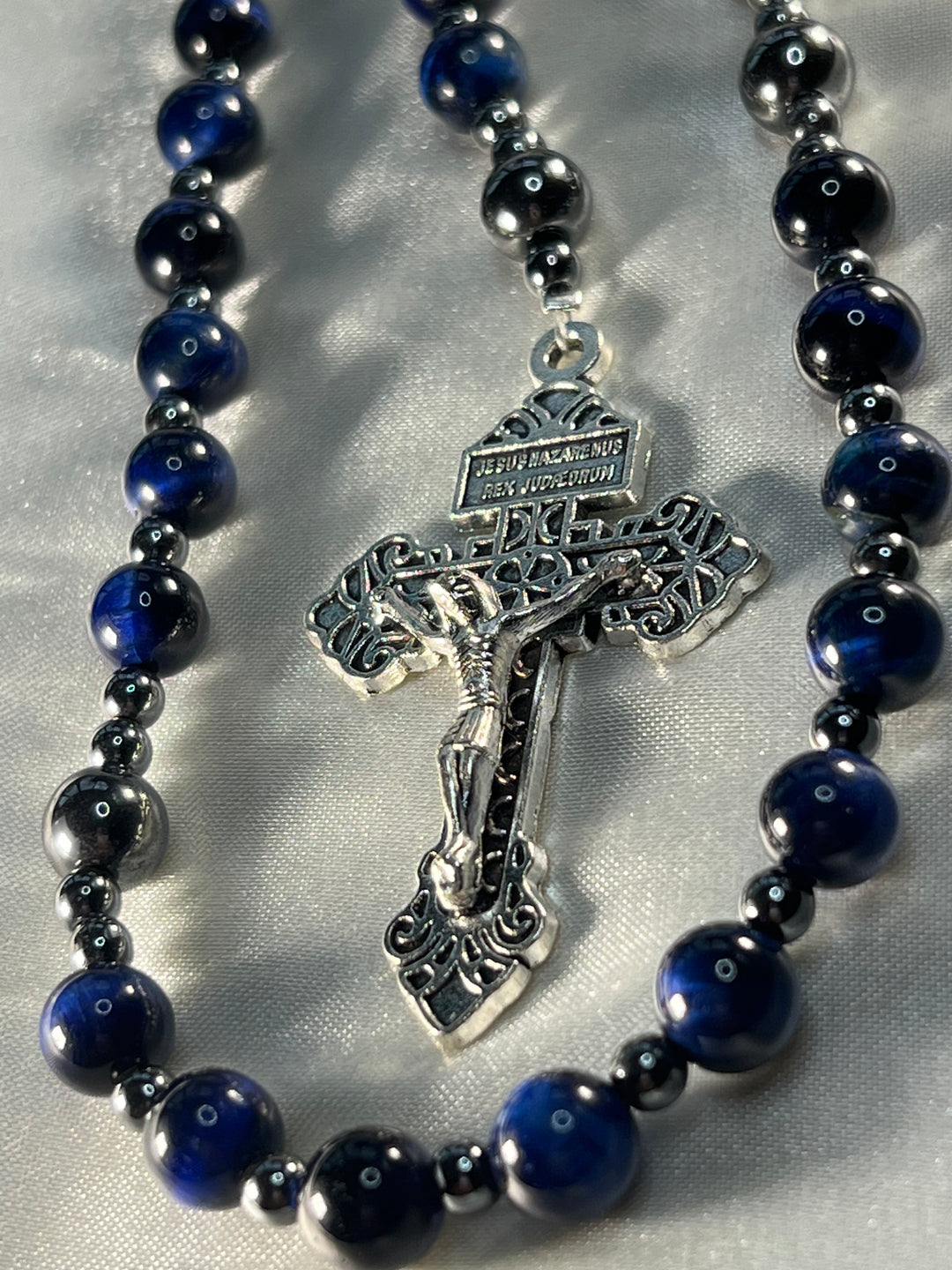 Beautiful Sapphire Tiger's Eye beads & St. Michael Crucifix