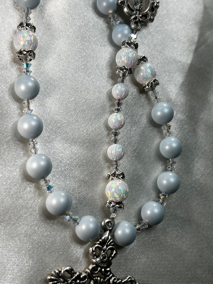 White Pearl Opals, Swarovski Crustal spacers, Pastel Blue Swarovski Pearl beads