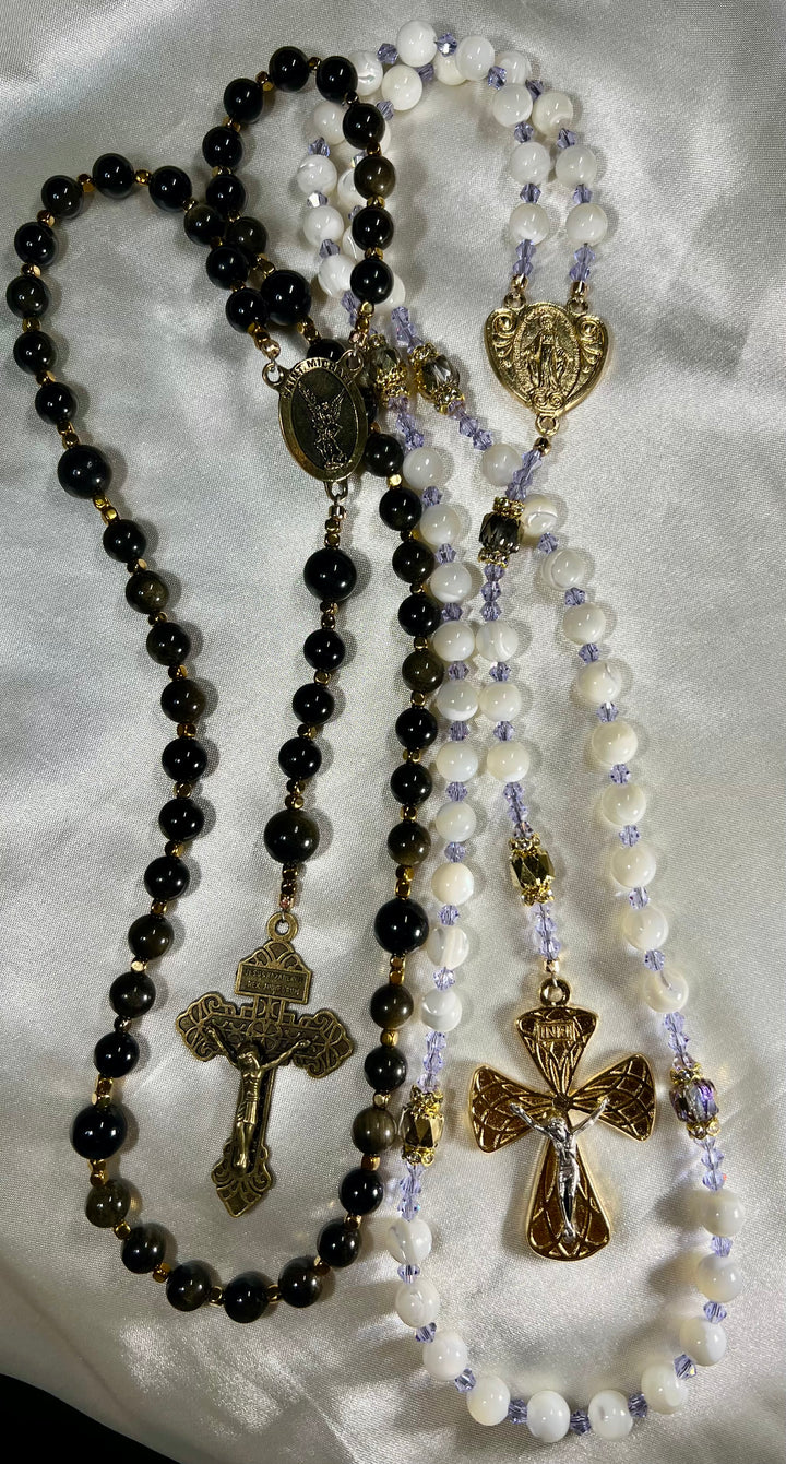 Bridal Rosary Set - Mother of Pearl & Gold Dust Onyx