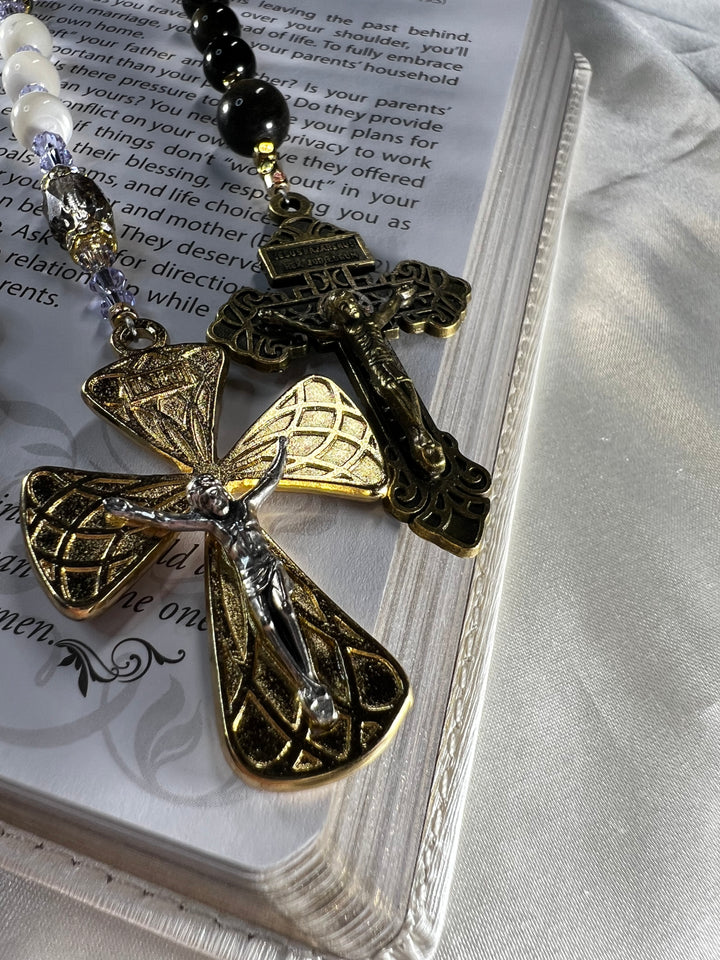Bridal Rosary Set - Mother of Pearl & Gold Dust Onyx