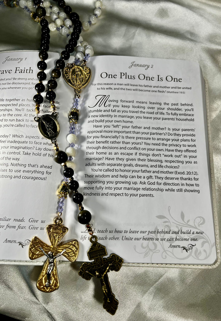 Bridal Rosary Set - Mother of Pearl & Gold Dust Onyx