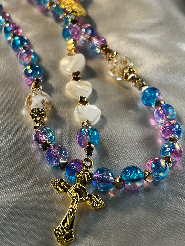 Pink Mermaid Rosary with Gold Crucifix, Gold Heart spacers, Glass Shell Hearts, & Glow Pater beads.