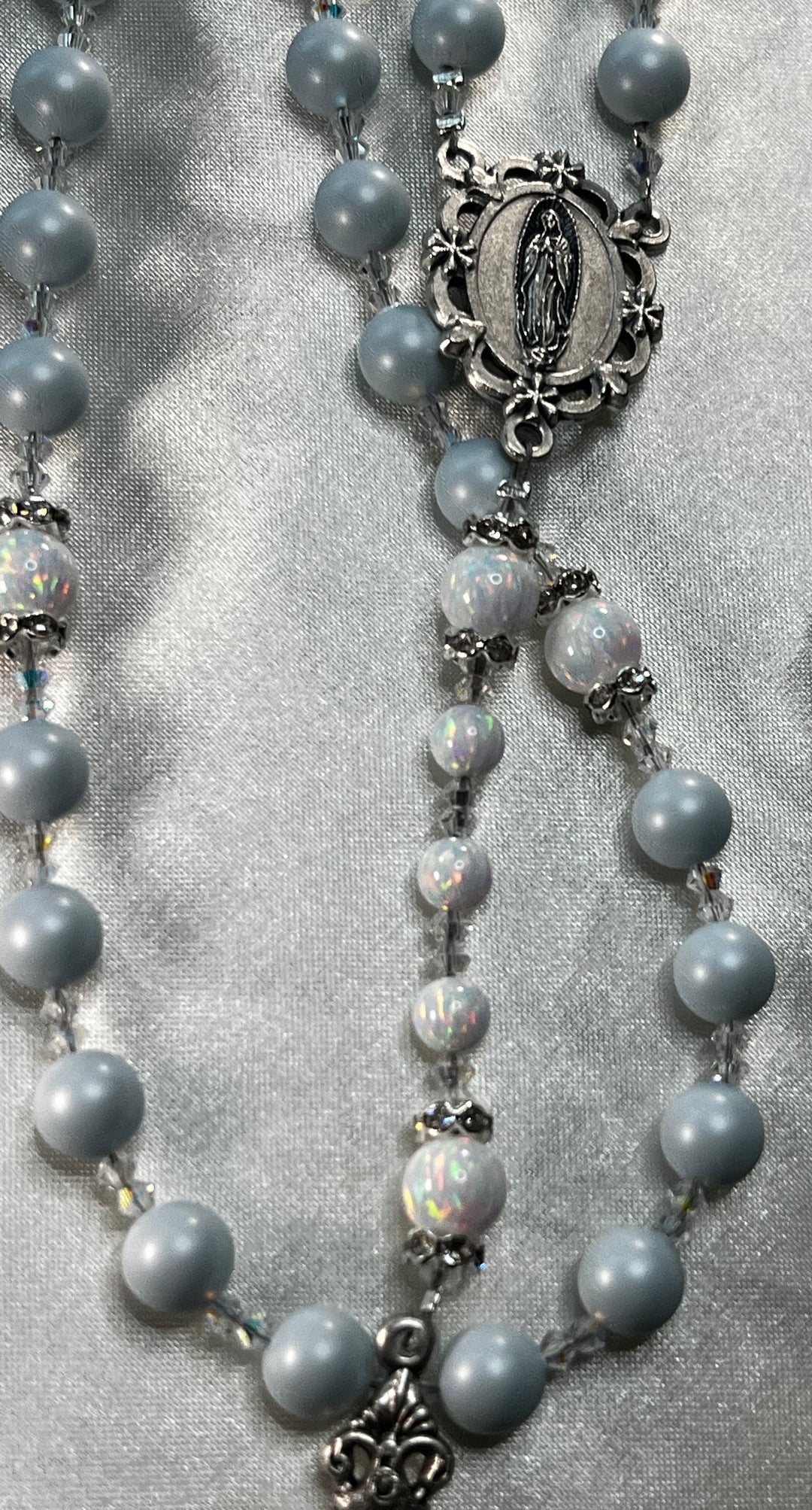 White Opals, Pastel Blue Swarovski Pearls, Rhinestone spacers, Scallop Lady of Guadalupe Centerpiece