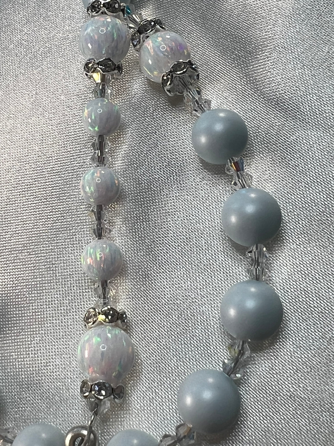 White Opals, Rhinestone Crystal spacers, Swarovski Crystal spacers, Pastel Blue Swarovski Pearl beads 