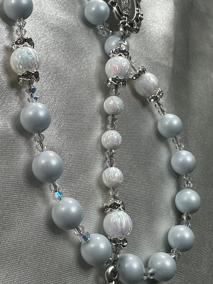 White Opals, Rhinestone spacers, Swarovski Crystal spacers, Pastel Blue Swarovski Pearls