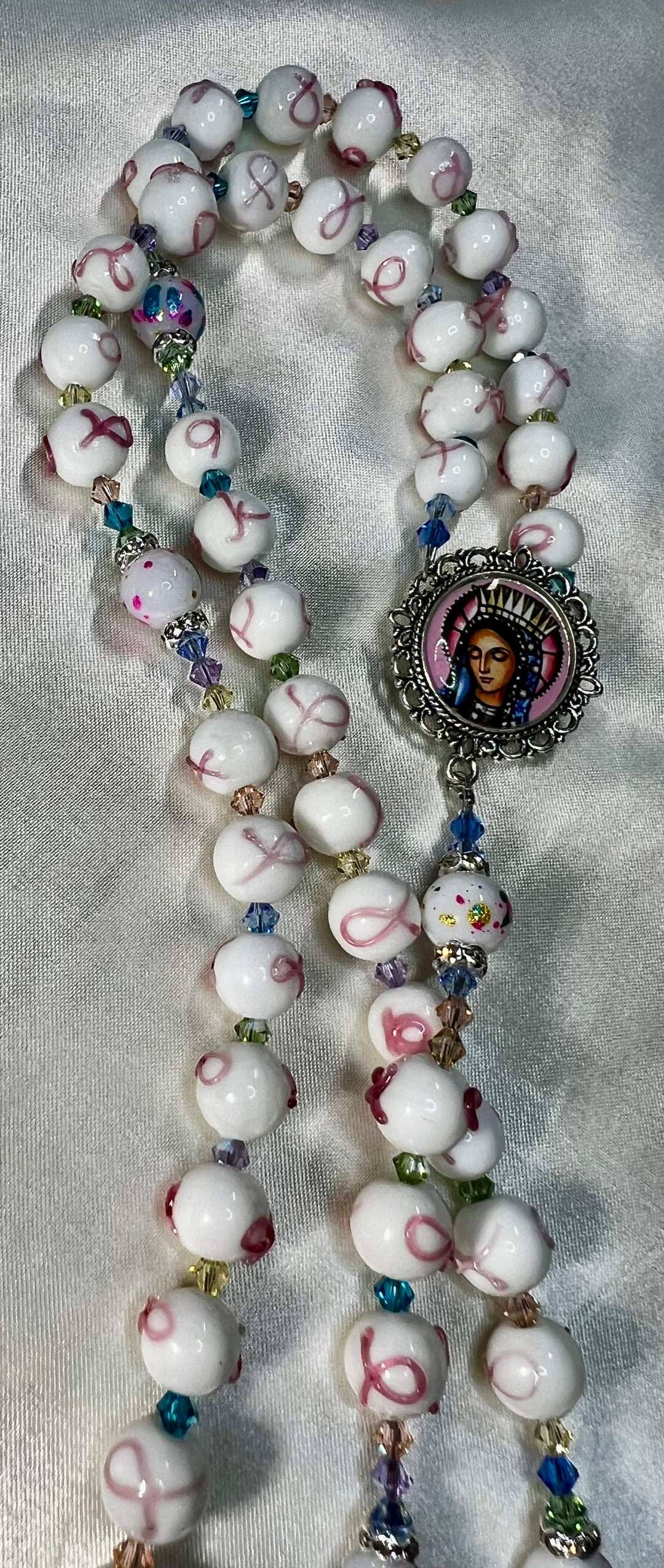 White Glass beads with Pink Ribbons