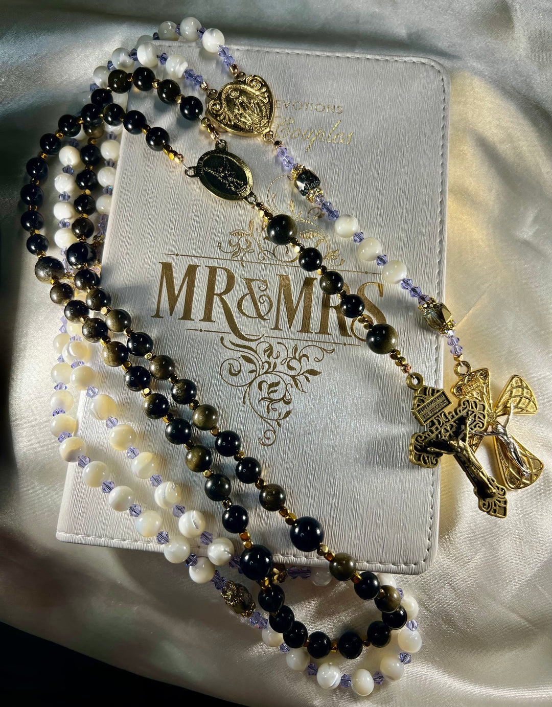 Bridal Rosary Set - Mother of Pearl & Gold Dust Onyx