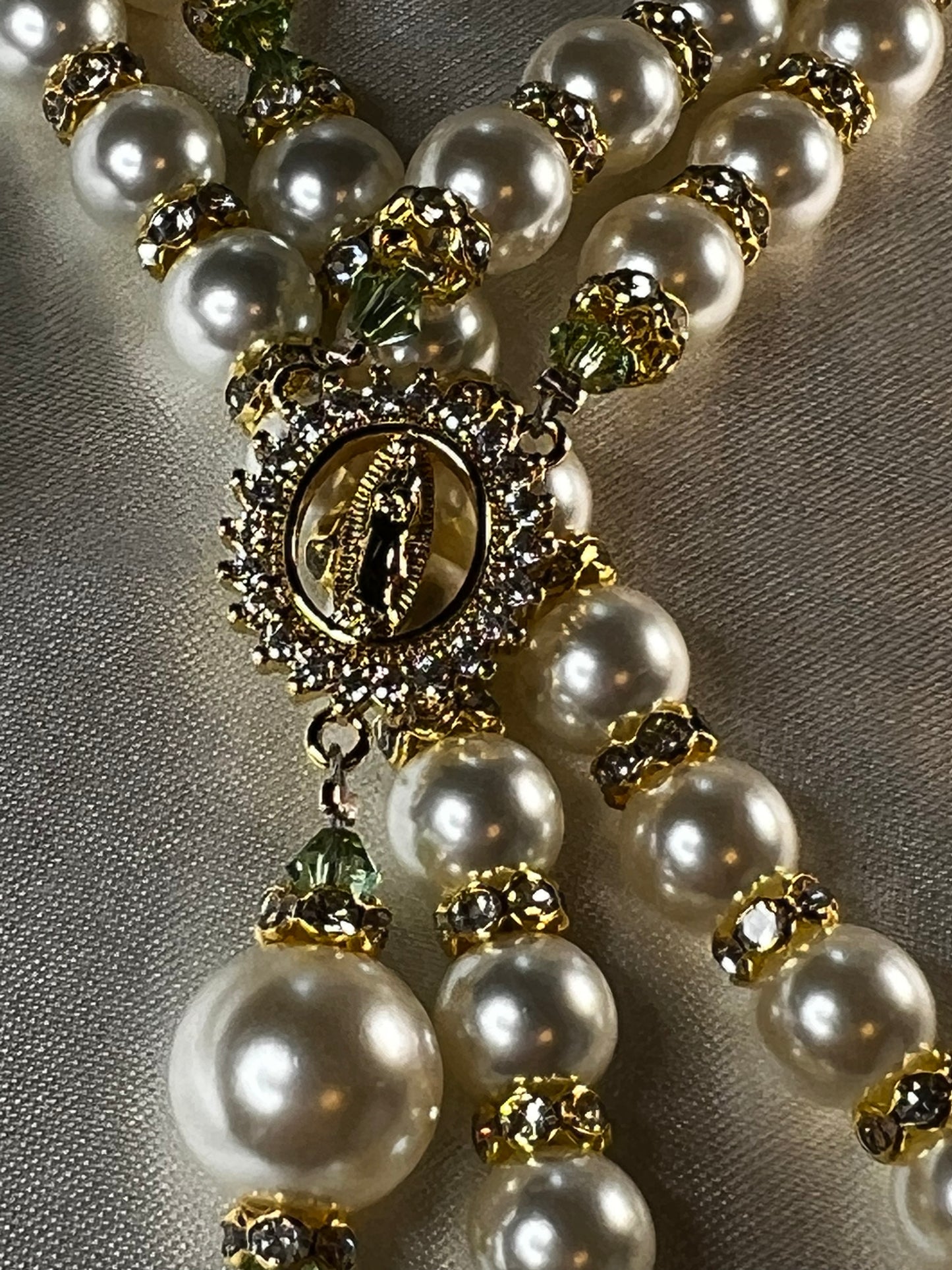 Abby Bridal Rosary with Miraculous Mary Centerpiece with Peridot Crystal Spacers!