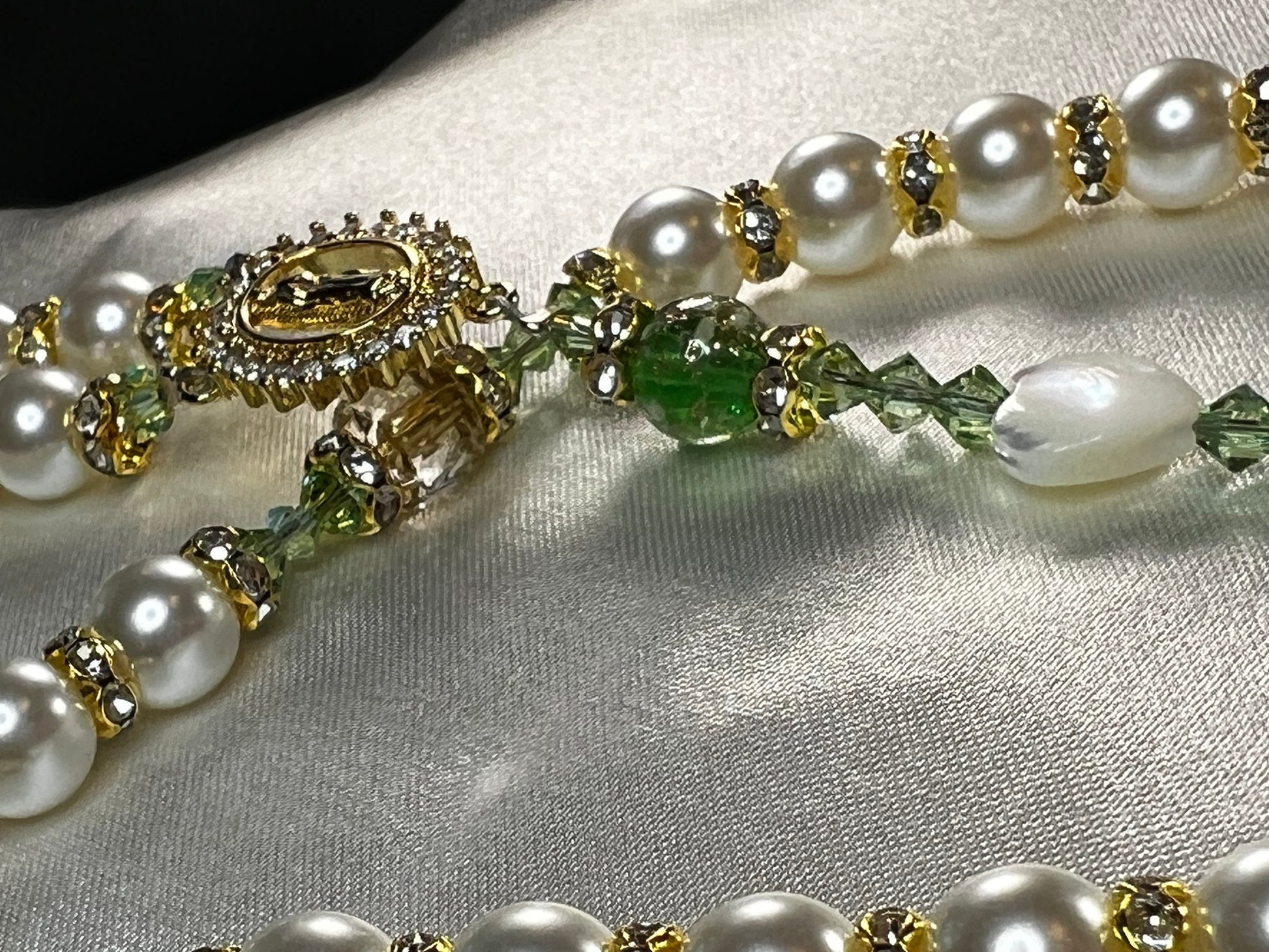 The Abby Bridal Rosary with Peridot Crystals & Glass Shell Hearts!!