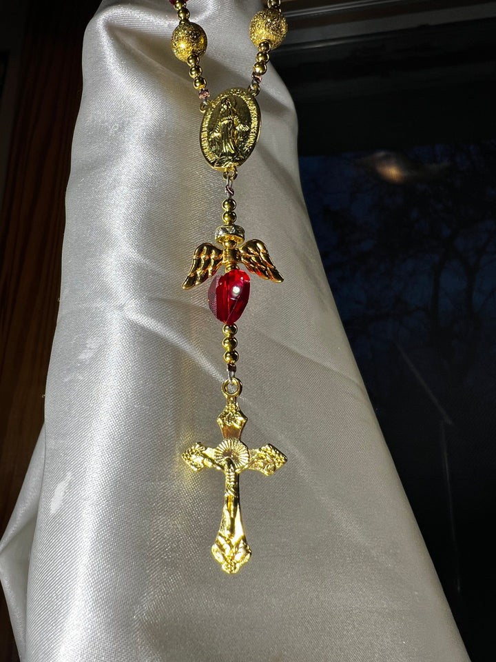 Beautiful Red Angel Heart Car Rosary!!