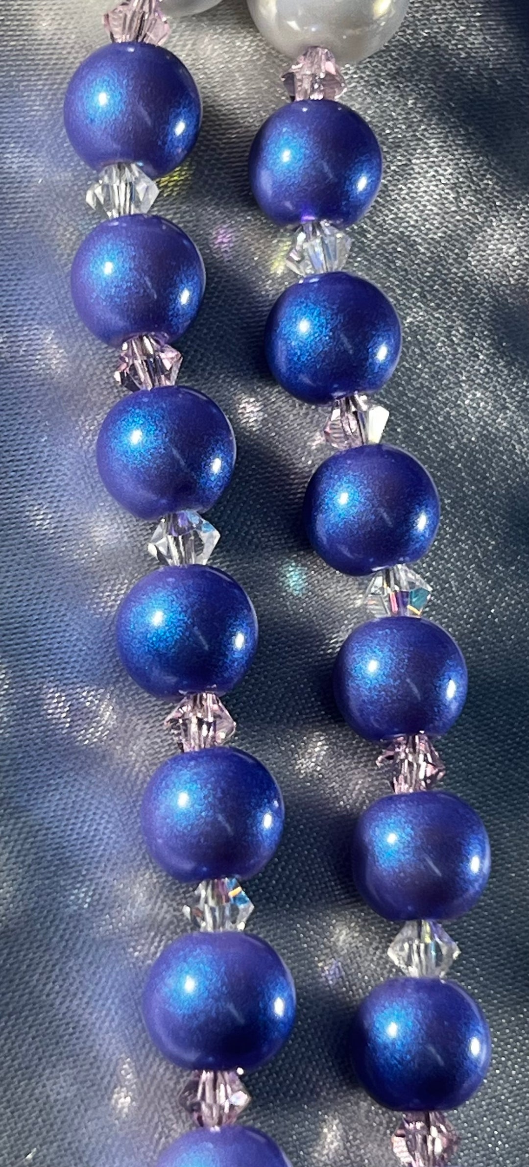 Iridescent Blue Glass beads with Crystal spacers!