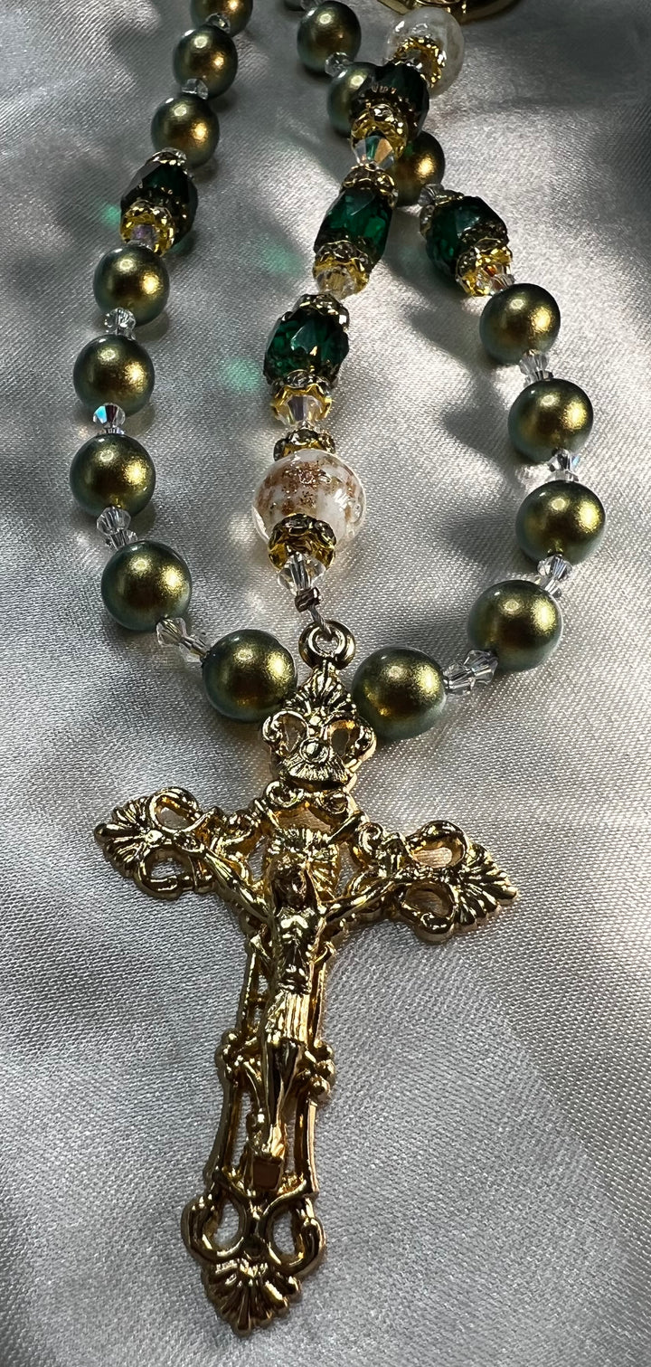 Iridescent Green Catherine Rosary with Emerald Green Pater Beads.