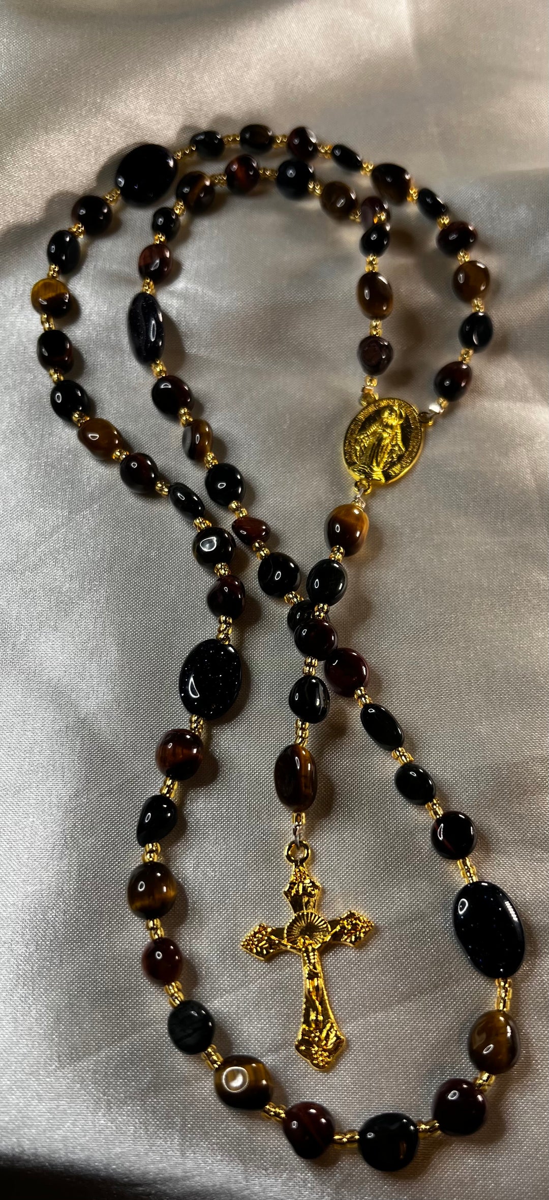 Natural Blue/Burgundy/Yellow Tigers Eye  Stone in Gold, 16" Long