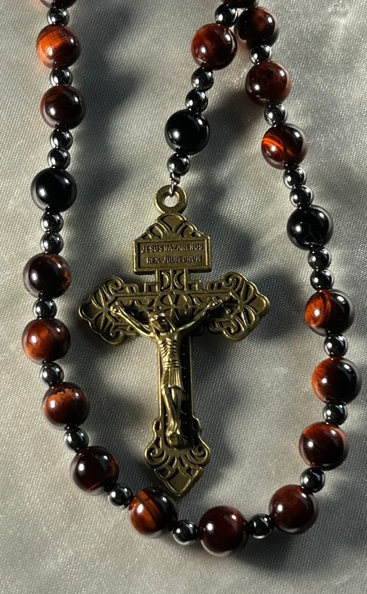 Red/Brown Tiger's Eye beads, Plated Hematite spacers, Black Tiger's Eye Pater beads with Antique Gold St. Michael Crucifix