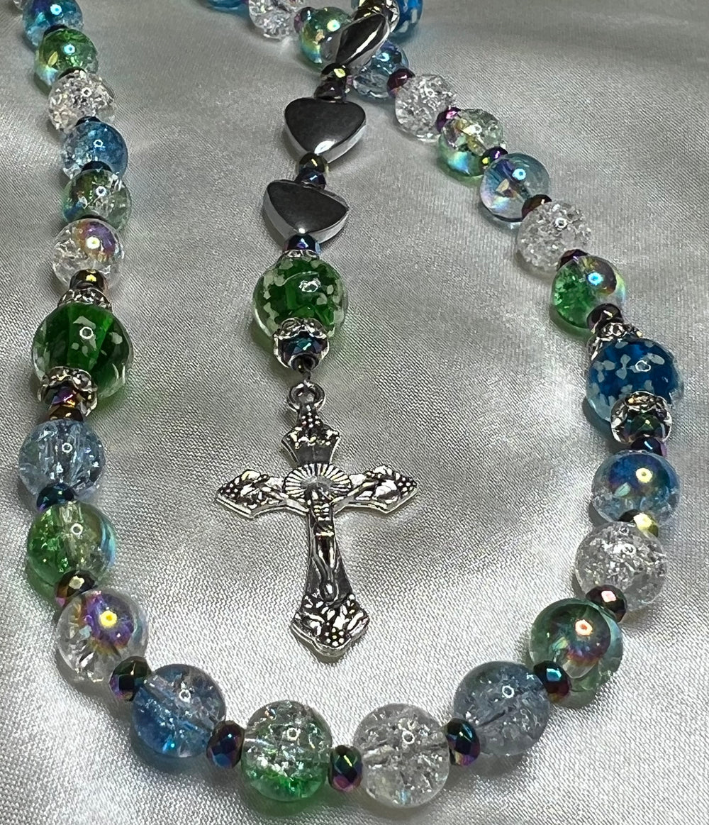 Green/Blue Mermaid Glass Rosary Silver