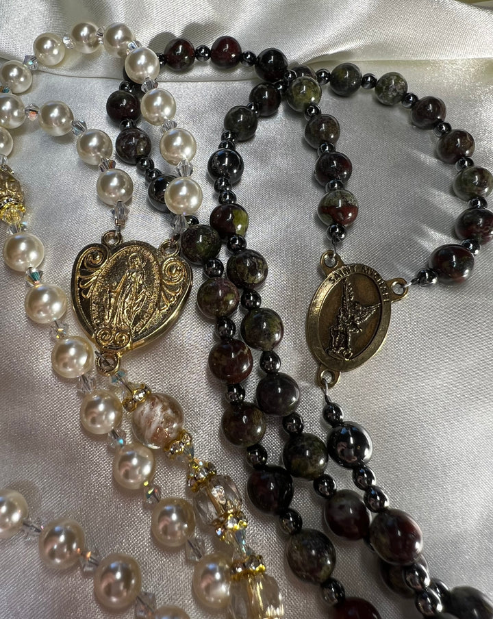 Jasper Stone Groom's Rosary with Antique Gold St. Michael Centerpiece!