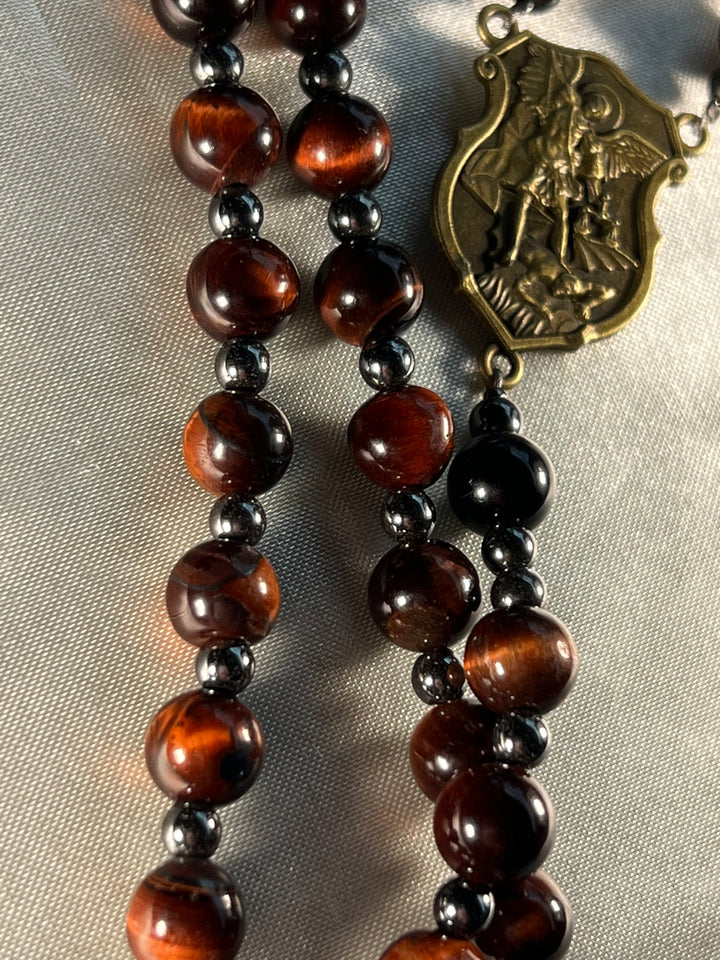 Red/Brown Tiger's Eye beads, Plated Hematite spacer beads with St. Michael Centerpiece in Antique Gold