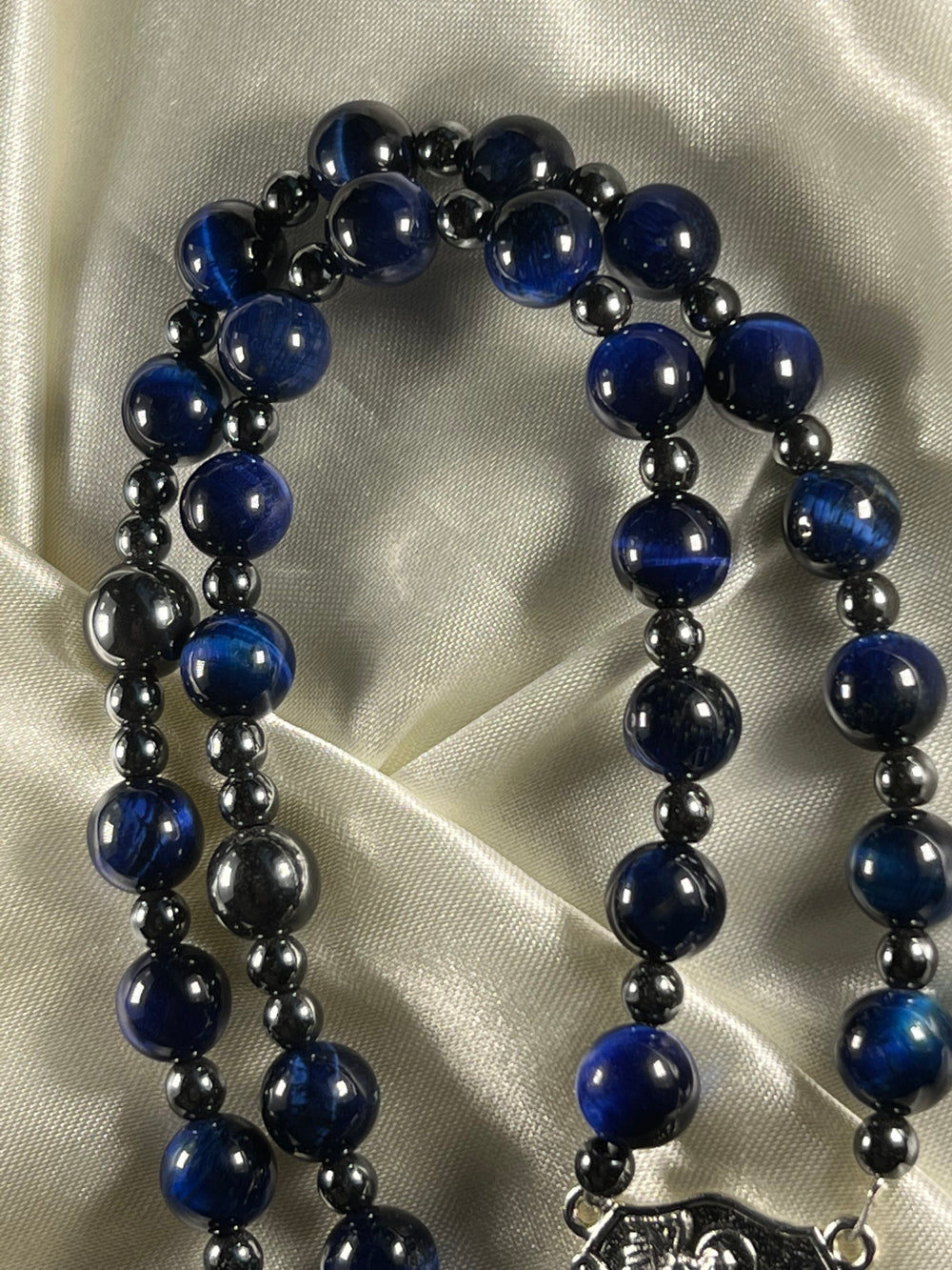 Royal Blue Tiger's Eye beads, Plated Hematite spacers, Plated Hematite Pater beads