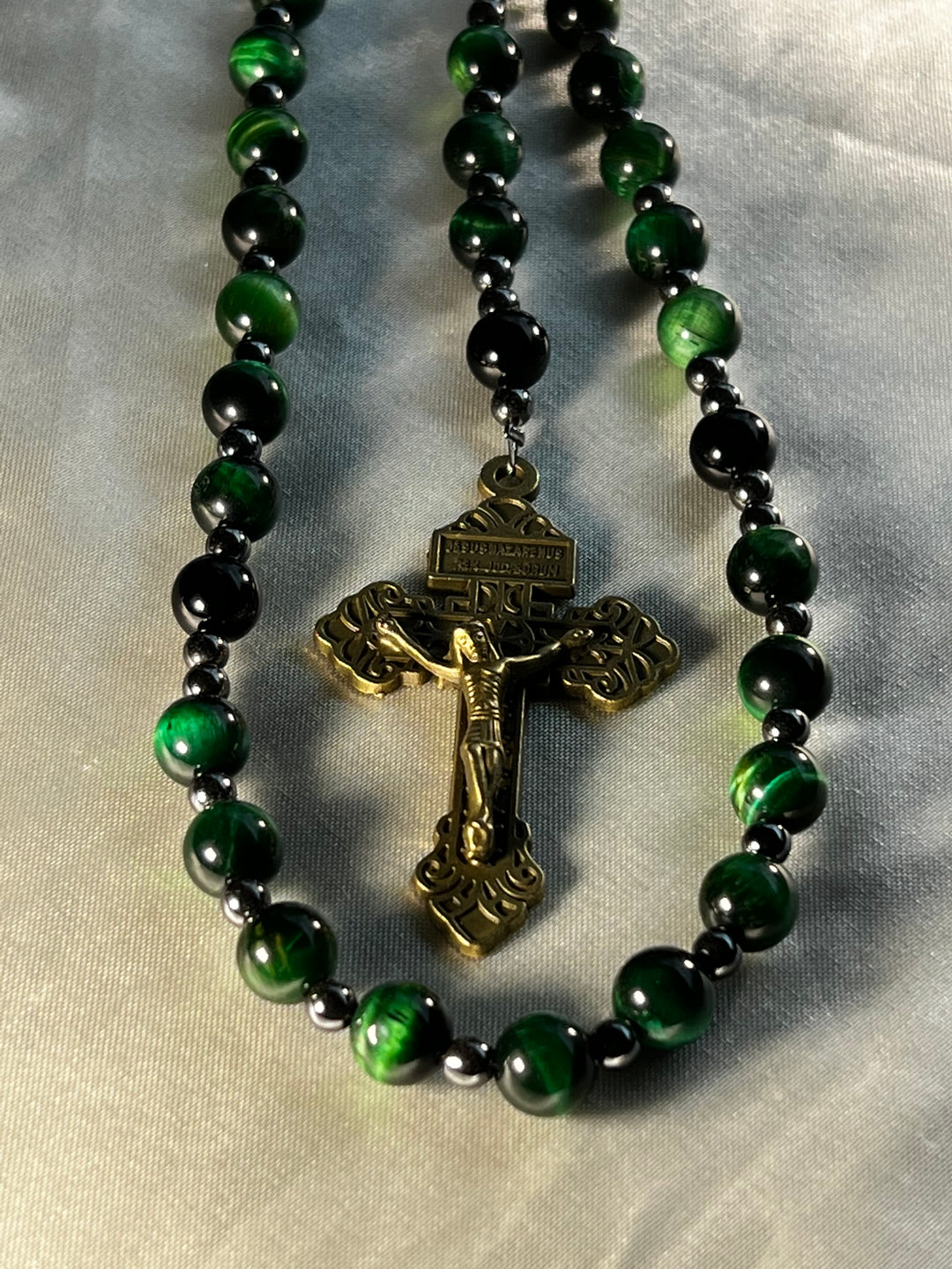 Emerald Green Tiger's Eye beads with Antique Gold St. Michael Crucifix