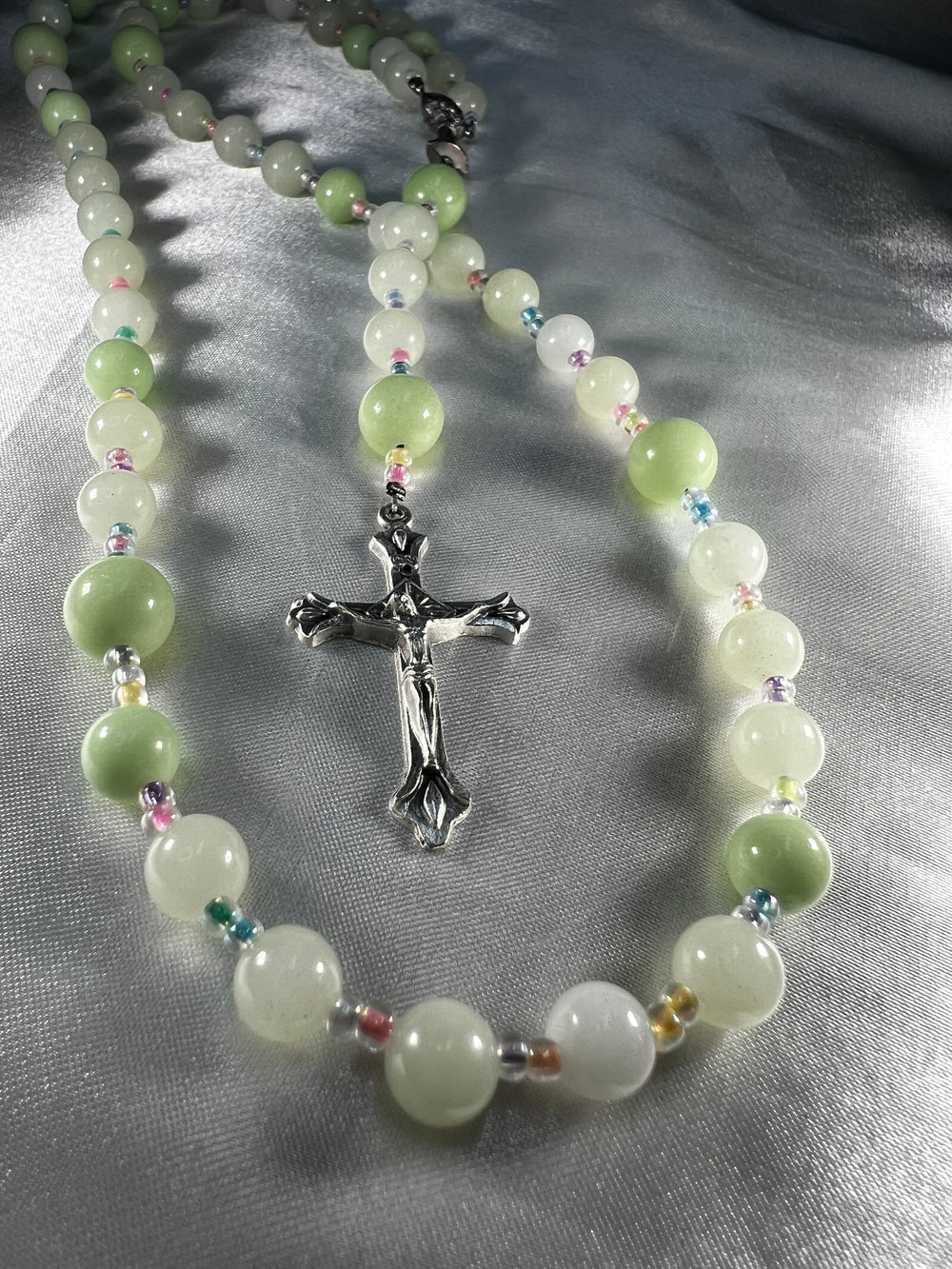 Ocean Rosary Silver with Pastel GLOW seed beads.