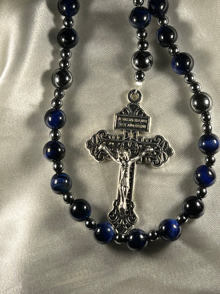 Royal Blue Tiger's Eye beads, Plated Hematite spacers, Plated Hematite Pater beads with St. Michael Crucifix