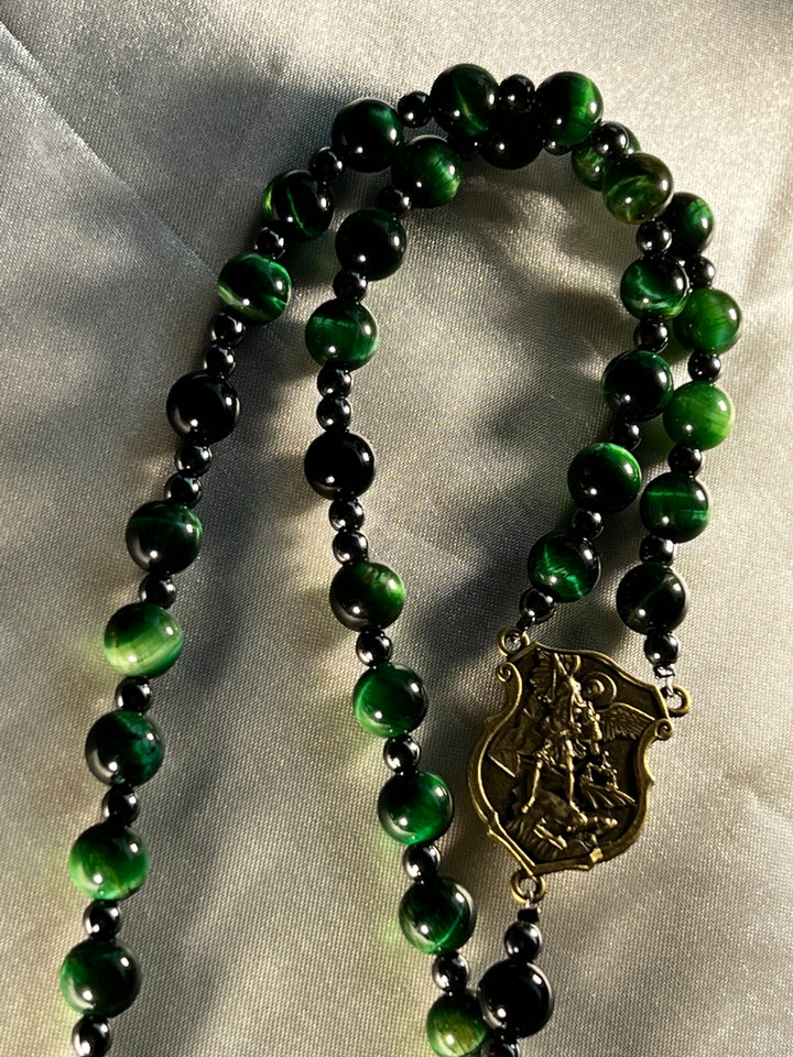 Emerald Green Tiger's Eye beads, Plated Hematite spacers, Black Tiger's Eye Pater beads & St. Michael Centerpiece