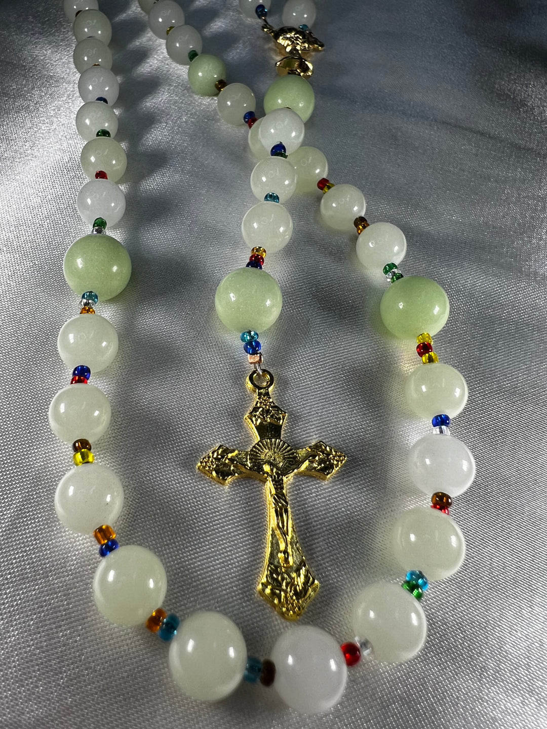 Ocean Rosary Gold with Primary Colored seed beads.