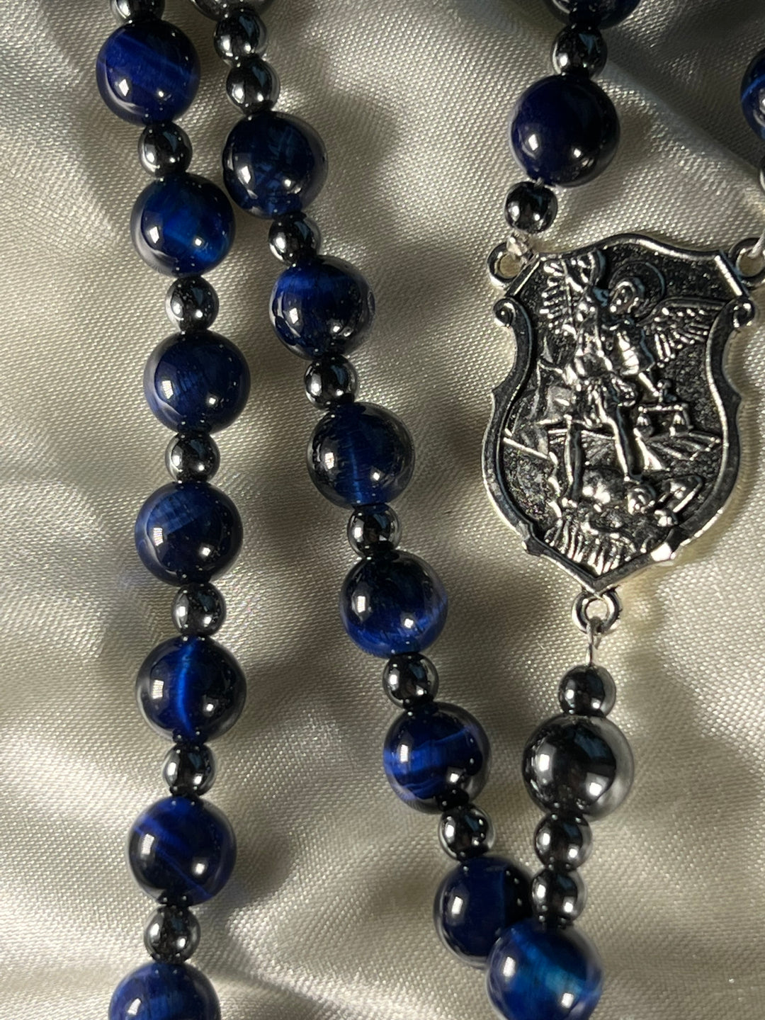 Royal Blue Tiger's Eye beads with Silver St. Michael Centerpiece
