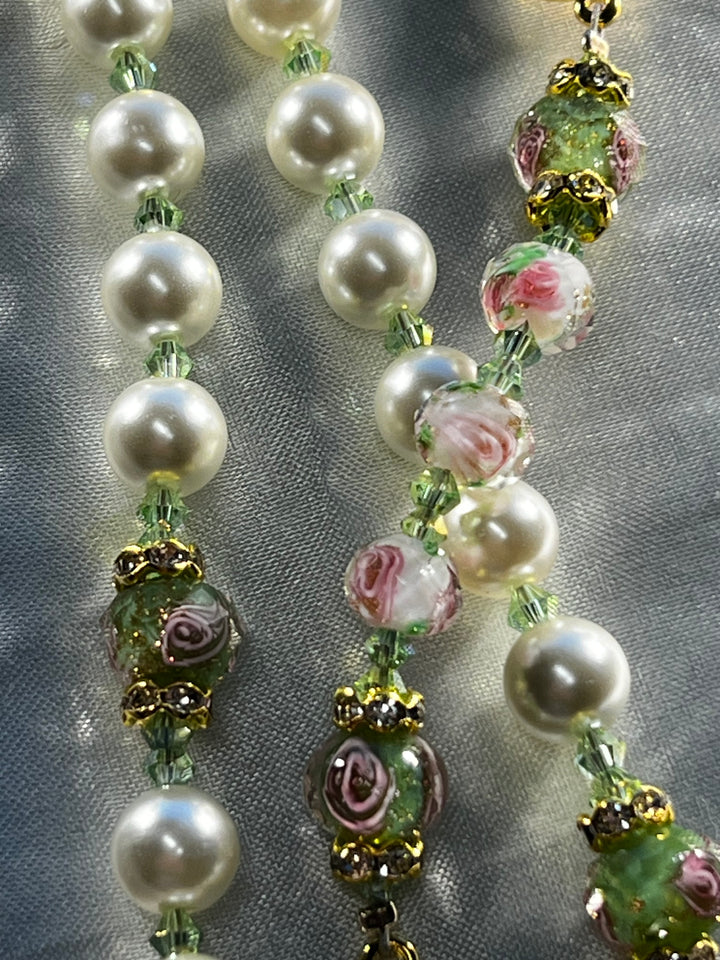 Green & Pink  Rose Glass Pater beads - Pink & Green Rose Glass Hail Mary beads 