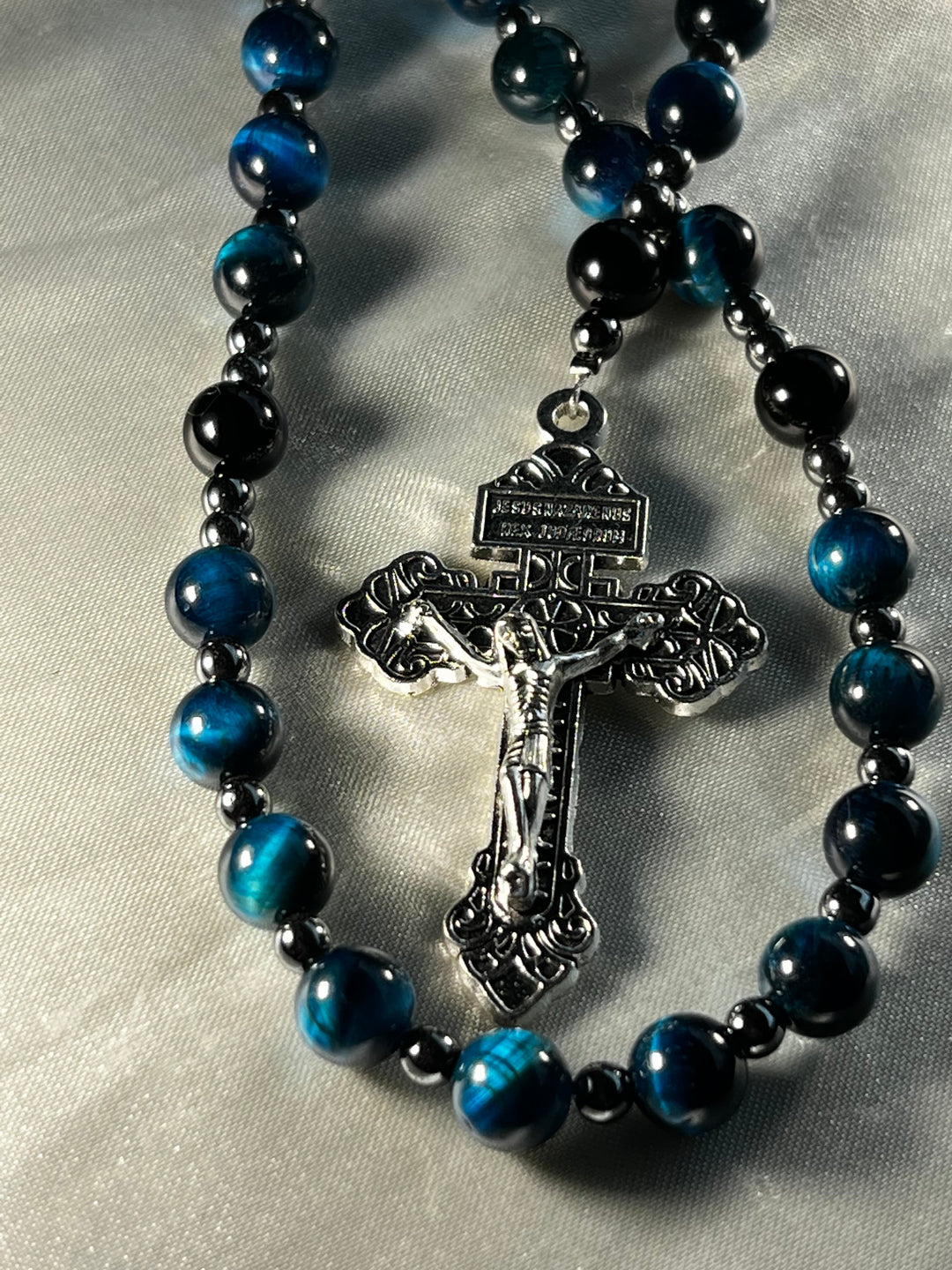 Aquamarine Tiger's Eye Groom's Rosary with Silver St. Michael Crucifix