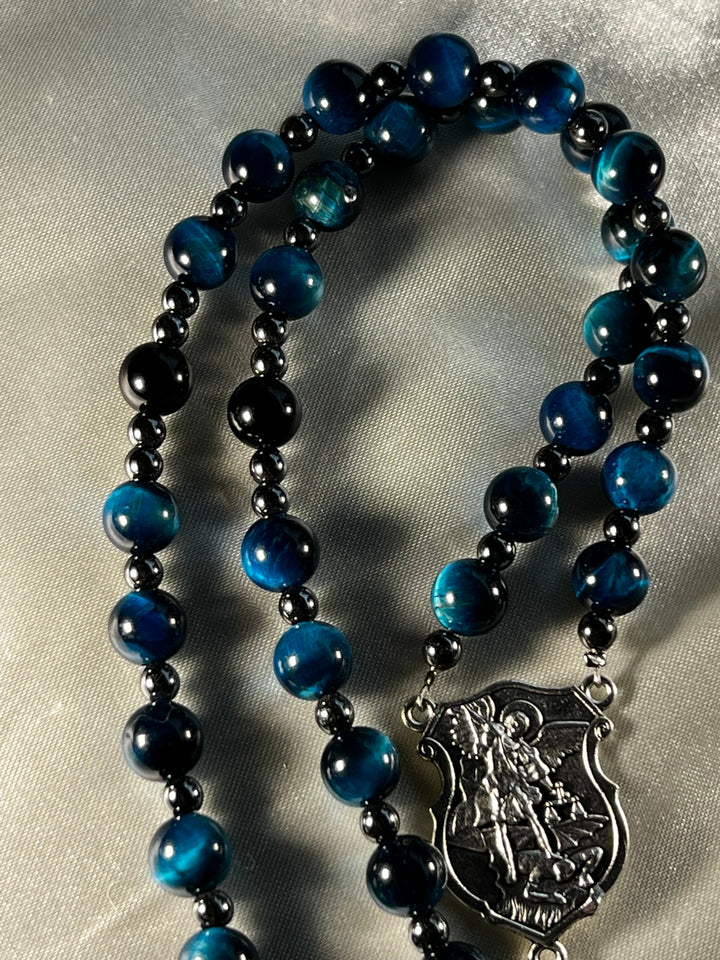Aquamarine Tiger's Eye beads, Plated Hematite spacers, Black Tiger's Eye Pater beads, Silver St. Michael Centerpiece