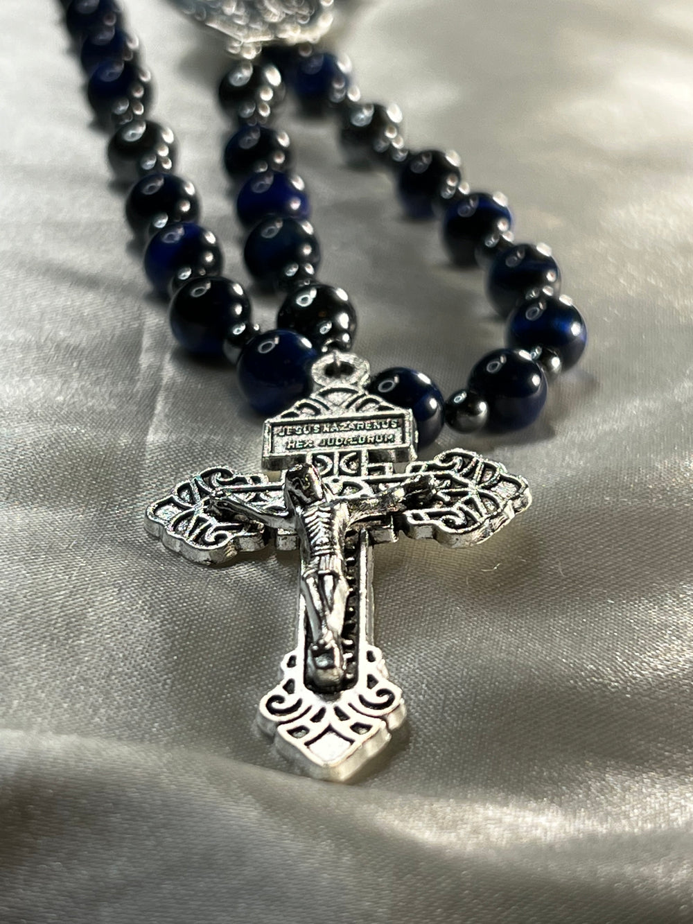 St. Michael Crucifix with Royal Blue Tiger's Eye beads