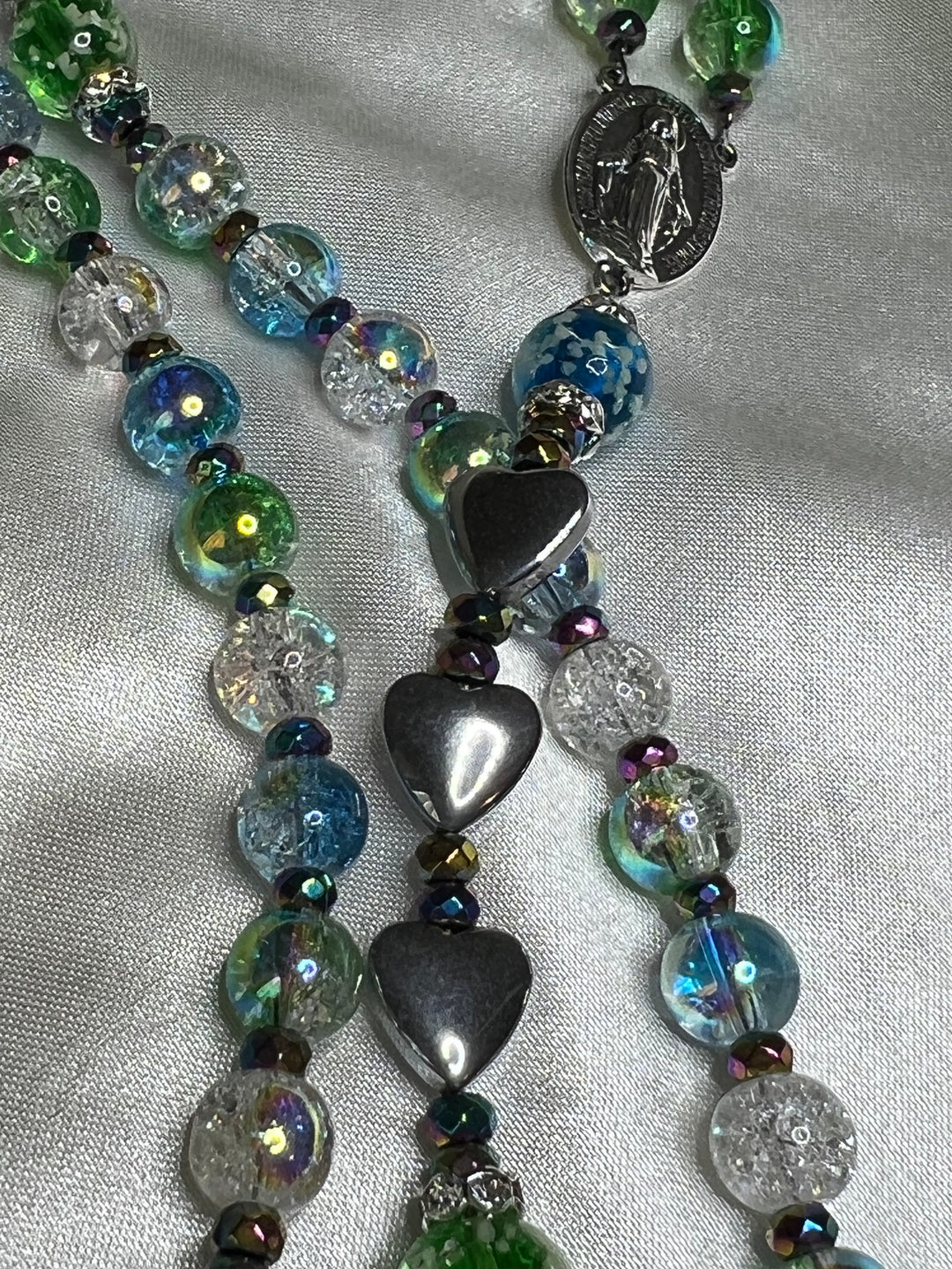 Green/Blue Mermaid Glass Rosary with Silver Hearts!!